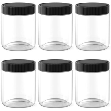 8 Oz Clear Plastic Jars with Black Lids Refillable Kitchen Storage Containers for Dry Food, Coffee, Nuts and More, 6 Pack