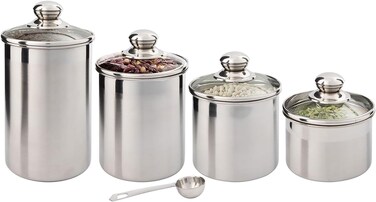 Kitchen Canister Set - Airtight Stainless Steel Canisters with Glass Lids - Organization Containers for Kitchen - Ideal for Dry Food, Flour, Sugar, Coffee, Rice, Tea &amp; Pantry Storage (4 PCS Small)