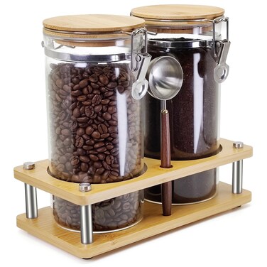 Venuekkuri Glass Coffee Grounds Container with Shelf, 2 &Atilde;&mdash; 45 oz Glass Coffee Canister with Airtight Locking Clamp,Glass Storage Jars with Metal Spoon for Coffee Bean, Sugar, Nut