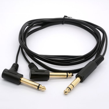 BSHTU 1/4" 6.35mm Speaker Y Splitter Cable Cord - 6.35mm Stereo Plug Male to 90 Degree Right Angle Dual 6.35mm Jack Male Mono TRS Audio Adapter Guitar Amp (1.8 Meter)