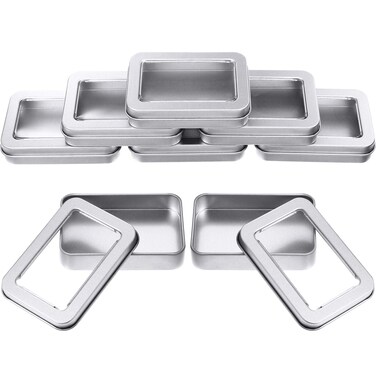 Metal Tin Box Metal Tins With Lids Clear Top Tins Box Empty Storage Tins Case Rectangle Containers Can with Large Clear Window for Candles, Candies, Gifts, Balms and Treasures, Silver(8 Pieces)
