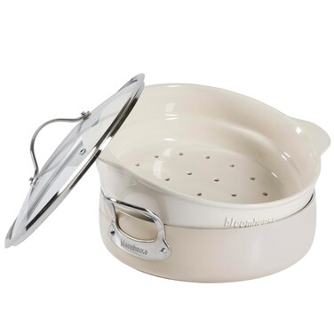 Bloomhouse - Oprah's Favorite Things - 6-QT Aluminum Enamel Everyday Pan w/Non-Stick Non-Toxic Ceramic Interior and Ceramic Steamer Insert - Oat White