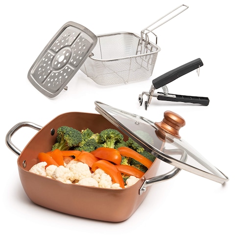 Moss &amp; Stone 5 Pcs Copper Chef Cookware Set, 9.5&acirc;&euro; Non Stick Deep Frying Pan, Fry Basket, Steamer Rack, Dishwasher &amp; Oven Safe, 5 Quart Deep Square Pan, Induction Copper Cookware Set - 9.5&quot;x3.5