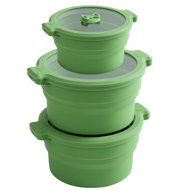 GLOU-GLOU GOOSE GGG Collapsible Silicone Microwave Cookware Cooker Steamer for Cooking with Lids, 0.8L and 1.4L Glass Food Storage Container Sealed Bowl Mixing Bowls 3pc Set BPA Free