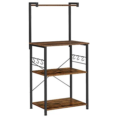 VASAGLE Kitchen Storage, Bakers Rack, Coffee Bar, 3-Tier Shelf, 6 S-Hooks, for Microwave, Spice Jars, Pots and Pans, Industrial, Rustic Brown and Black UKKS023B01