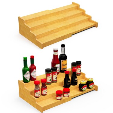 VOPOG Spice Rack Organizer for Cabinet, 4 Tier Expandable Spice Rack, Bamboo Spice Organizer for Kitchen Cabinet, Pantry and Countertop Organization, Set of 2-Natural