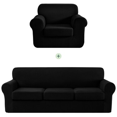 CHUN YI Stretch Sofa Slipcover Set for Couch and Armchair, Couch Slipcover with Separate Cushion Sofa Cover Set for 1 3 Seater Settee (Black, Covers for Sofa&amp; Chair)