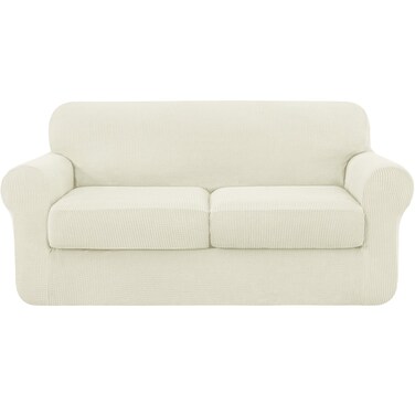 SUBRTEX 3 Piece Sofa Cover High Stretch Couch Slipcover for 2 Cushion Soft Sofa Slipcover Loveseat Cover Jacquard Fabric Furniture Covers with Elastic Bottom Machine Washable(Ivory,Loveseat)