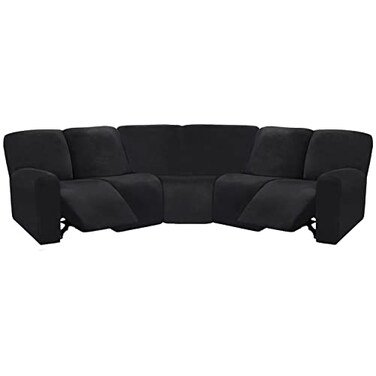 ULTICOR 7-Piece L Shape Sectional Recliner Sofa Covers, Velvet Stretch Reclining Couch Covers for Sofa, Thick, Soft, Washable (Black, 5 Seat Cover)