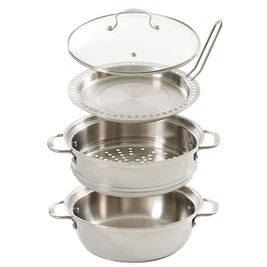 Kenmore Elite Devon Heavy Gauge Stainless Steel Tri-Ply Impact Bonded Induction 6.5 QT Dutch Oven W/ 11" Steamer and Metal Tong Set, 5-Piece