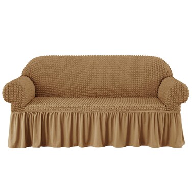 subrtex 1 Piece Seersucker Sofa Slipcover with Skirt Ruffle Universal Stretch Sofa Couch Slipcover Easy Fitted Chair Furniture Protector(Medium,Almond)