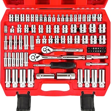 WETT 1/4" and 3/8" Drive Socket Set, 86-Piece Socket Wrench Set with Quick-Release Ratchet, Extention Bar, Adapter, 1/4" Bits, CR-V Steel, Metric/SAE, Deep/Shallow, Mirror Chrome Finish