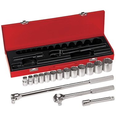 Klein Tools 65512 1/2-Inch Drive Socket Wrench Set with 12-Point SAE Sockets, Extension, Flex Handle, Ratchet, Case Included, 16-Piece