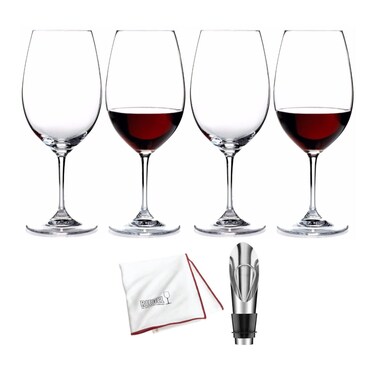 Riedel Ouverture Red Wine Glass (4-Pack) Bundle with Wine Pourer and Polishing Cloth (6 Items)