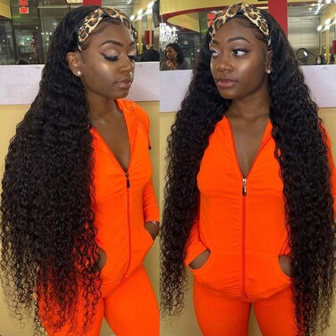 Headband Human Hair Wig Water Wave Wigs for Black Women Glueless None Lace Front Wigs Headband Wigs Human Hair Brazilian Virgin Hair Machine Made Headband Wigs 150% Density (18" Headband wigs)