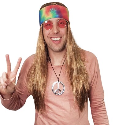 Hippie Wig Costume with Tie Dye Bandana 60s 70s Hippy Woodstock Festival Gear