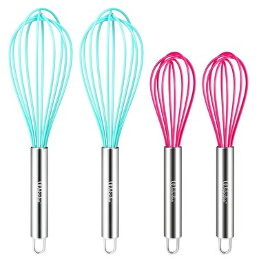Webake 8 Inch and 10 Inch Silicone Whisk Set of 4, Egg Beater Whisk Balloon Egg Sauce Whisk with 6 Wires, French Whisk Stainless Steel Mini Silicone Whisk for Nonstick Cookware,Solid Color