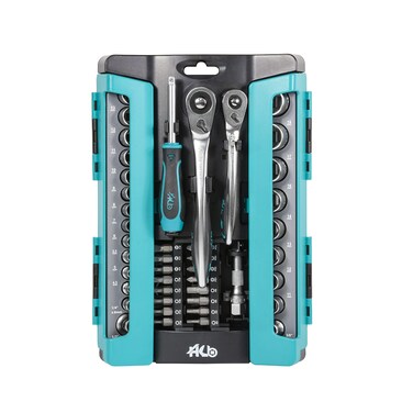 HB 120P Teardrop/Offset/Reversible/Quick Release Ratchet Handle 3/8 &amp; 1/4-Inch Drive, Spinner Handle, Torx/Hex bits, Metric/Standard socket Mechanical Tool Set 64-piece, Made in Taiwan AKM010-U
