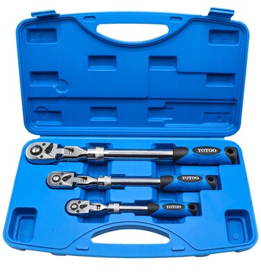 YOTOO Extendable Ratchet Set 3Pcs 1/4", 3/8" &amp; 1/2" Drive 72 Tooth Flex-Head Quick Release Locking Ratchets