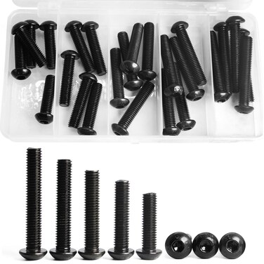 M8 x 30mm 35mm 40mm 45mm 50mm Button Head Socket Cap Screws Bolts, 10.9 Grade Alloy Steel, Metric Allen Hex Drive, Black Oxide Finish, Fully Threaded, Assortment Kit 25PCS