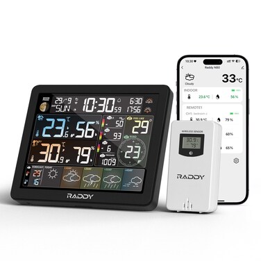 Raddy N80 Smart Wi-Fi Weather Station with APP Control, Indoor Outdoor Thermometer Wireless with 8 Inch Large Display, Sunset/Sunrise Time, PM2.5/AQI, UV Index, 4 Alarm Clock