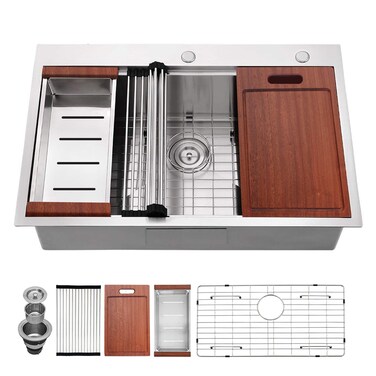 HERCATE 33" x 22" Drop in Kitchen Sink, 304T Stainless Steel Sink, Drop in Workstation Sink, Topmount Single Bowl Kitchen Sink with Integrated Ledge