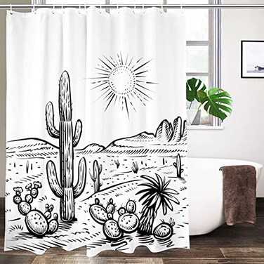 Desert Landscape Cactus Western Shower Curtain Washable Waterproof Fabric Sketch Mountain Bath Curtains Set for Bathroom with 12 Hooks Decor Art - 72 x 72 Inch