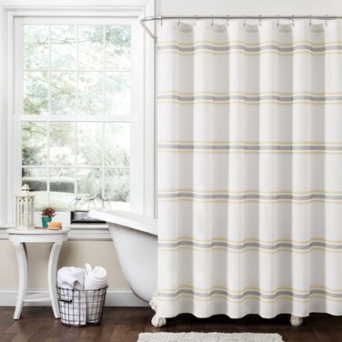 Lush Decor Farmhouse Stripe Cotton Shower Curtain, 72" W x 72" L, Yellow &amp; Gray - Classic Modern Rustic Charm Bathroom Decor