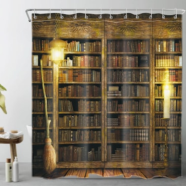 LB Witch Shower Curtain Magic Book Shelf Flying Broom Shower Curtains for Bathroom Magical Wood Cabin Halloween Bathroom Curtain,72x72 Inches Waterproof Fabric Shower Curtain Set with Hooks