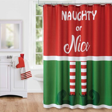 Elrene Home Fashions Elf Naughty or Nice Fabric Shower Curtain for Bathroom, 72"x72", Multi