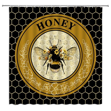 BNYARH Honey Bee Shower Curtain Bees with Daisy Flower Leaf Geometry Honeycomb Modern Farmhouse Black Fabric Bath Curtains Bathroom Polyester Plastic Hooks 70x70Inch Darkgoldenrod, 70&Atilde;&mdash;70 lnch