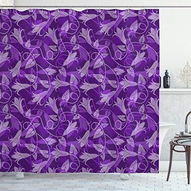 Lunarable Violet Shower Curtain, Abstract Exotic Tulip Flowers Leaves Silhouettes Retro Style Curly Design, Cloth Fabric Bathroom Decor Set with Hooks, 69" W x 70" L, Violet Purple Beige