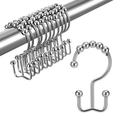 Shower Curtain Hooks Rings, TENOVEL Double Sided Shower Hooks Rust Proof for Bathroom Shower Rods Curtain, Durable Stainless Steel Bathroom Shower Curtain Hangers, Polished Chrome, Set of 12