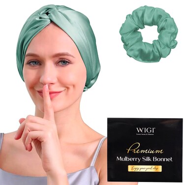 WIGI 100% Mulberry Silk Bonnet with Scrunchie Gift for Women, Silk Bonnet for Sleeping, Shower Cap Hair Bonnet, Silk Hair Wrap for Hair Care (100% Mulberry Silk (Bow design), Mint Green)