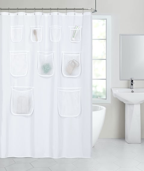 Kate Aurora Heavy Duty Waterproof Fabric Shower Curtain Liner with Durable Anti Tearing Mesh Pockets - Assorted Colors (White)