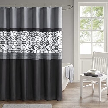 510 DESIGN Shower Curtain, Geometric Textured Embroidery Design with Built-in Liner, Modern Mid-Century Bathroom Decor, Machine Washable, Fabric Privacy Screen, 72x72, Donnel, Black/Grey