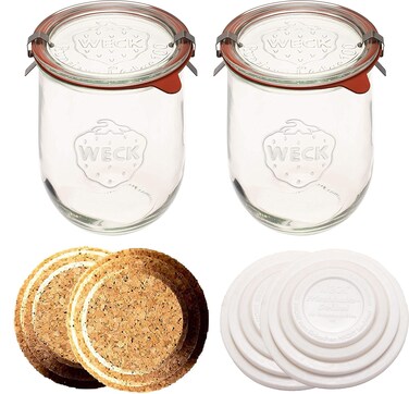 Weck Jars Weck - Sour Dough Starter Jars - Large Glass Jars for Sourdough with Glass Lid - Tulip Jar with Wide Mouth 1 Liter Includes Cork Lid &amp; Keep Fresh Cover (2)