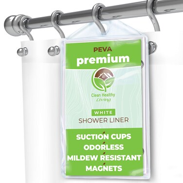 Clean Healthy Living Premium PEVA White Shower Curtain Liner with Magnets &amp; Suction Cups - 70 X 71 in. Long