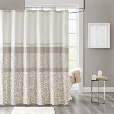 510 DESIGN Ramsey Shower Curtain, Embroidery Scroll Print Design with Built-in Liner, Modern Mid-Century Bathroom Decor, Machine Washable, Fabric Privacy Screen 72x72, Neutral