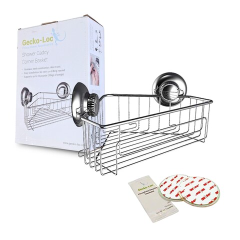 Gecko-Loc Corner Bathroom Shower Caddy shelf organizer suction cup wall storage basket - bath kitchen shampoo accessories shelves organizers caddies -Silver
