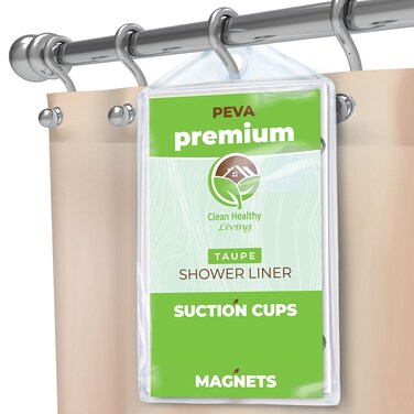 Clean Healthy Living PEVA Shower Liner: (Magnets and Suction Cups). 70 x 71 Inches Long - Taupe Color