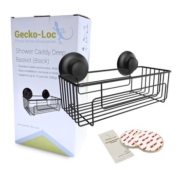 Gecko-Loc Large Deep suction cup wall mount bathroom shower caddy - shampoo storage basket shelf organizer caddie bath shelves - Black