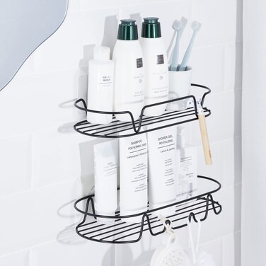 KINCMAX Shower Caddy, Rustproof SUS304 Stainless Steel, Adhesive Wall Mount Double Round Baskets 2-pack (Matte Black)