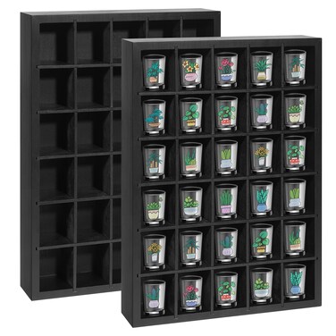 AGJIDSO Shot Glass Display Case, 30 Slots Shot Glass Holder Wall Mounted, Solid Wood Shadow Box with Removable Shelves, Shot Glass Storage Case, Shot Glasses Shelf, Black