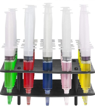 EZ-Inject 25 Pack (1.5oz) Jello Shot Syringes Combo with Tray/Racking Stand - 100% Safe &amp; Reusable Plastic Syringes for Jello Shots - Medium Syringe Shots Holiday &amp; Halloween Party Supplies for Adults