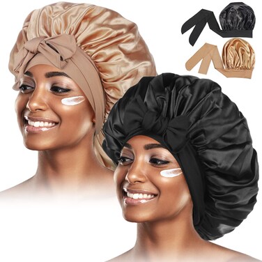 2Pcs Satin Bonnet for Black Women,Satin Hair Tie Bonnet,Jumbo Curly Hair Silky Bonnet,Soft Head Scarf Wrap Hair Bonnet with Tie Band,Adjustable Braids Bonnet Sleep Cap for Long Curly Hair(Black&amp;Khaki)