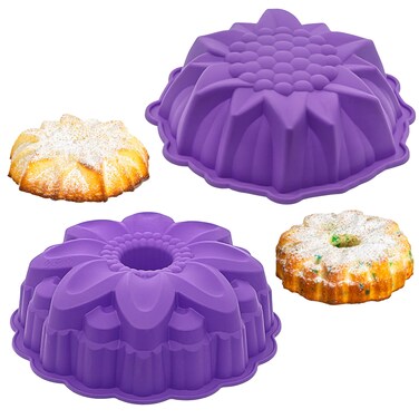 Bakerpan Set of 2 Silicone Cake Mold for Baking, Flower Fluted Cake Pan, 8 Inch Jello, Gelatin Mold, Sunflower Baking Pan