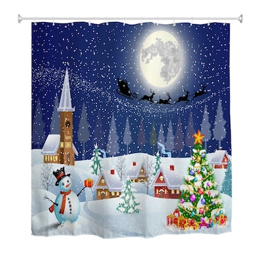 Mimihome Christmas Shower Curtain, Xmas Trees Winter Landscape Snowman Night Santa Sleight Present Box Waterproof Shower Curtains Bathroom, 72 x 72 Inch, Colorful