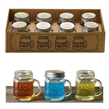 Small Mason Jar Shot Glasses with Lids (8pc Set) 2oz Tiny Glass Jars with Handles for Adult Party Favors, Juice, Alcohol, Unique Funny Shot Glass, Moonshine Shooter, Cute Mini Beer Mug, Christmas Gift