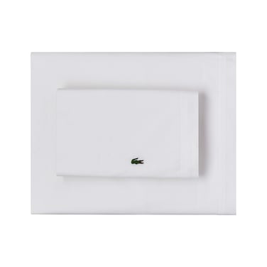 Lacoste 100% Cotton Percale Solid Sheet Set, Breathable, Cooling &amp; Hotel Quality Sheets - Deep Pocket, Easy-Fit, Oeko-Tex Certified, White, Queen